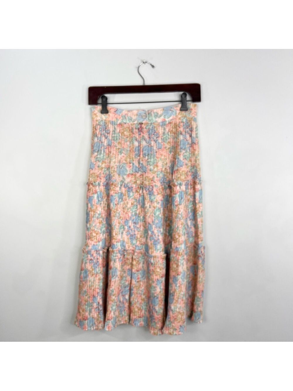 Vintage 70s boho cottagecore coral pink blue floral plisse tiered midi skirt - Picture 5 of 15